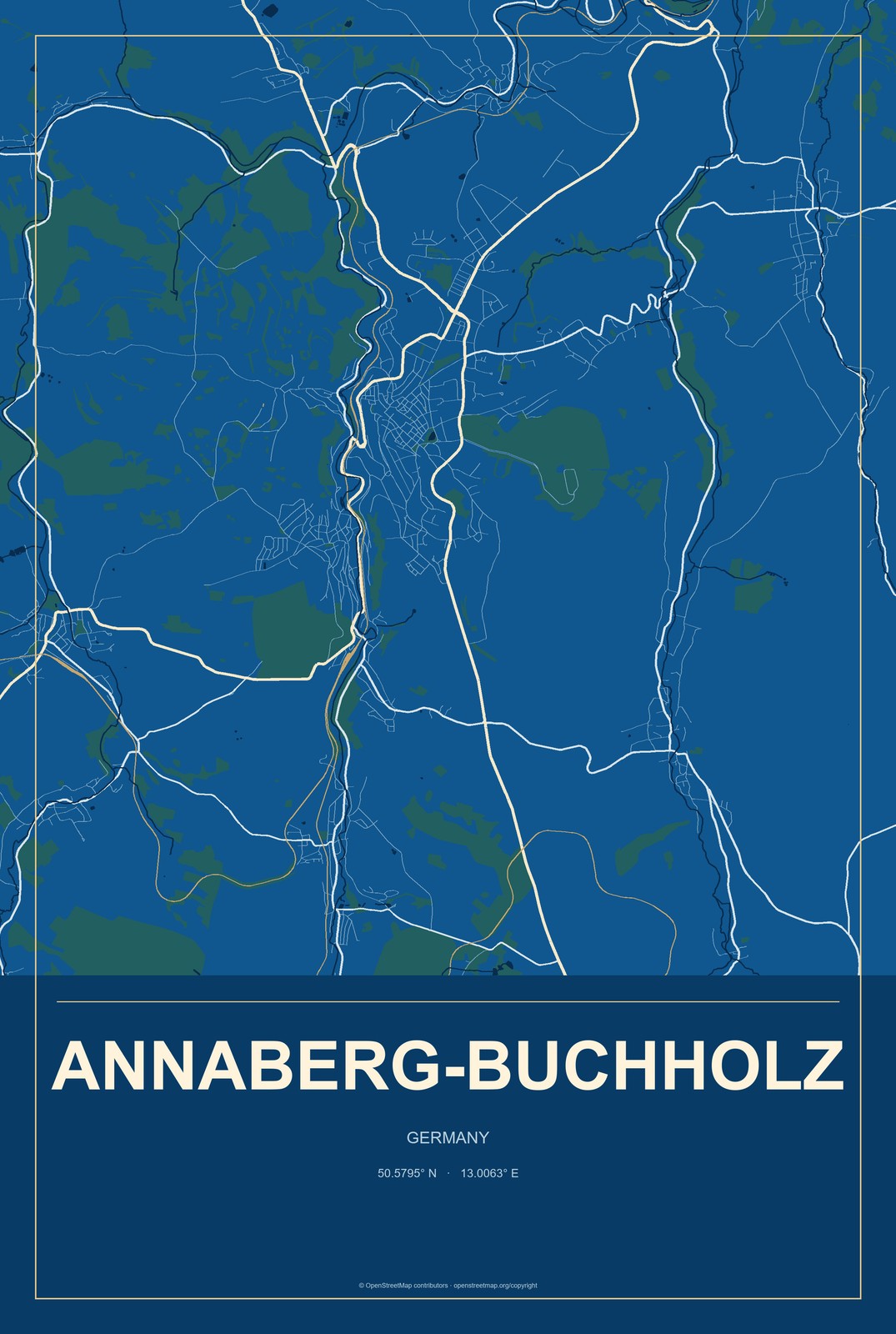 Annaberg-Buchholz, Germany City Map Aluminum Sign in Harbor Cobalt style