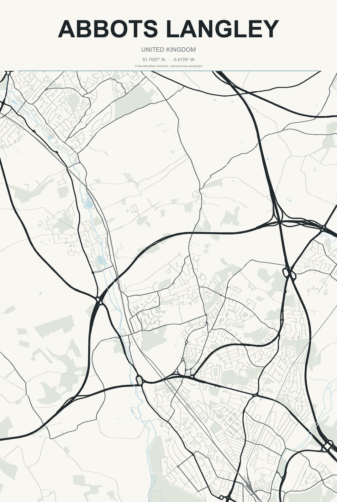 Abbots Langley, United Kingdom City Map Aluminum Sign in Headline Atlas style