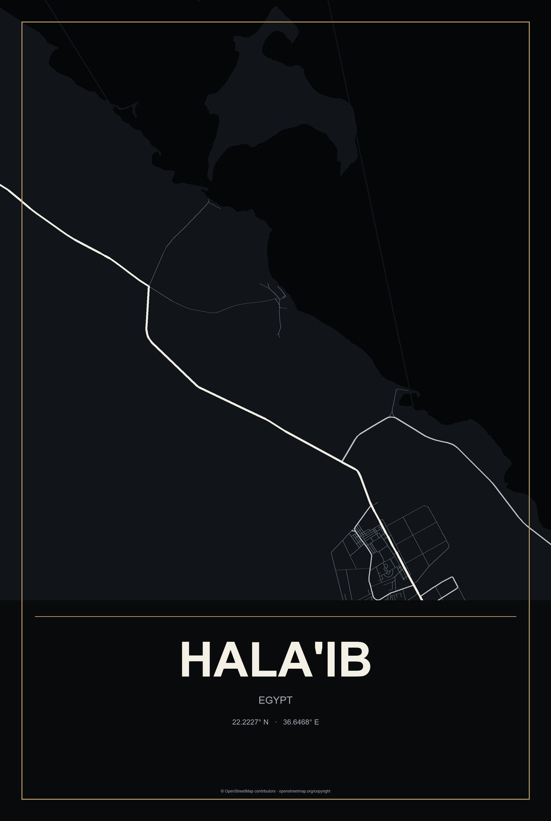 Hala'ib, Egypt City Map Aluminum Sign in Metropolitan Noir style