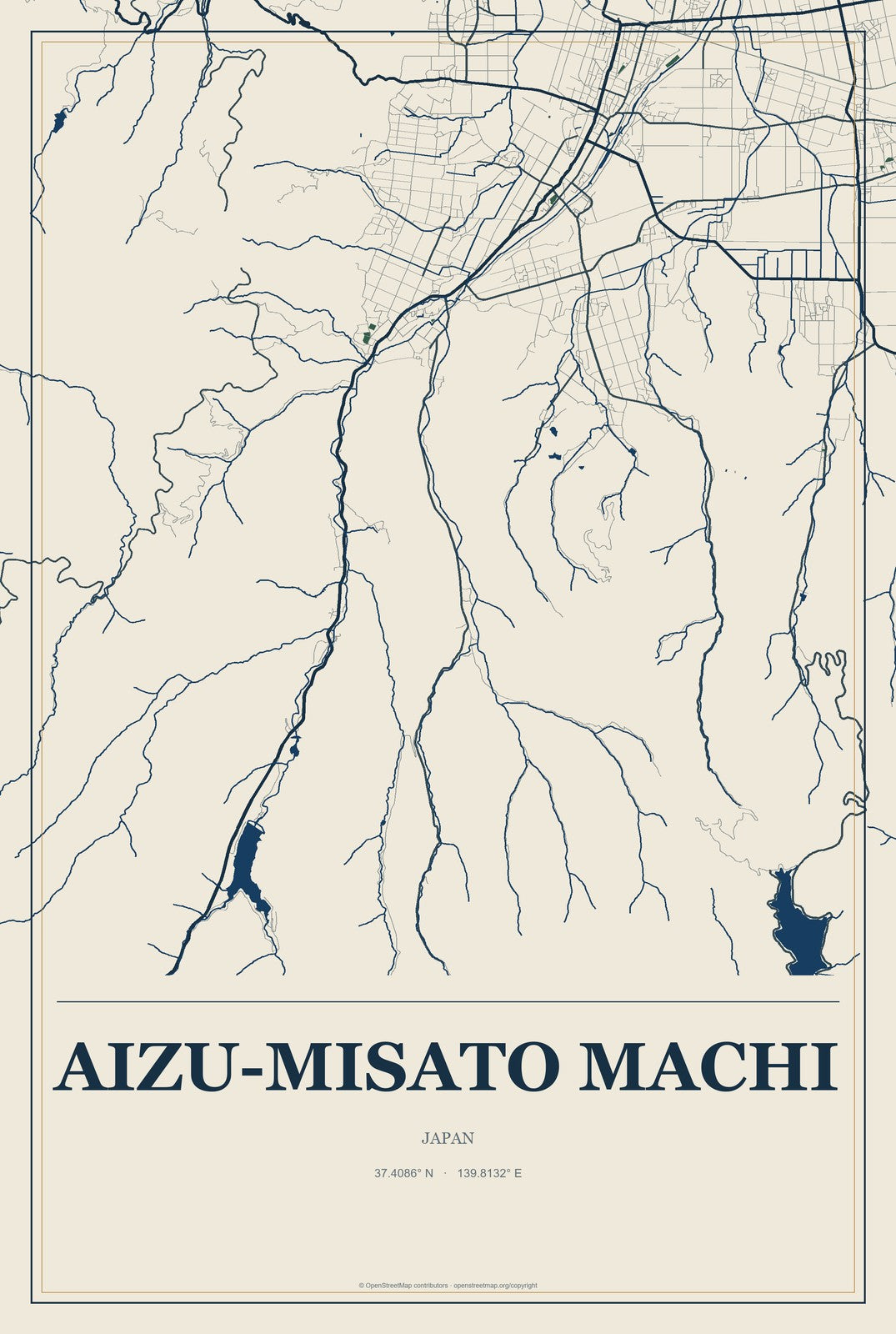 Aizu-misato Machi, Japan City Map Aluminum Sign in Coastal Cutout style