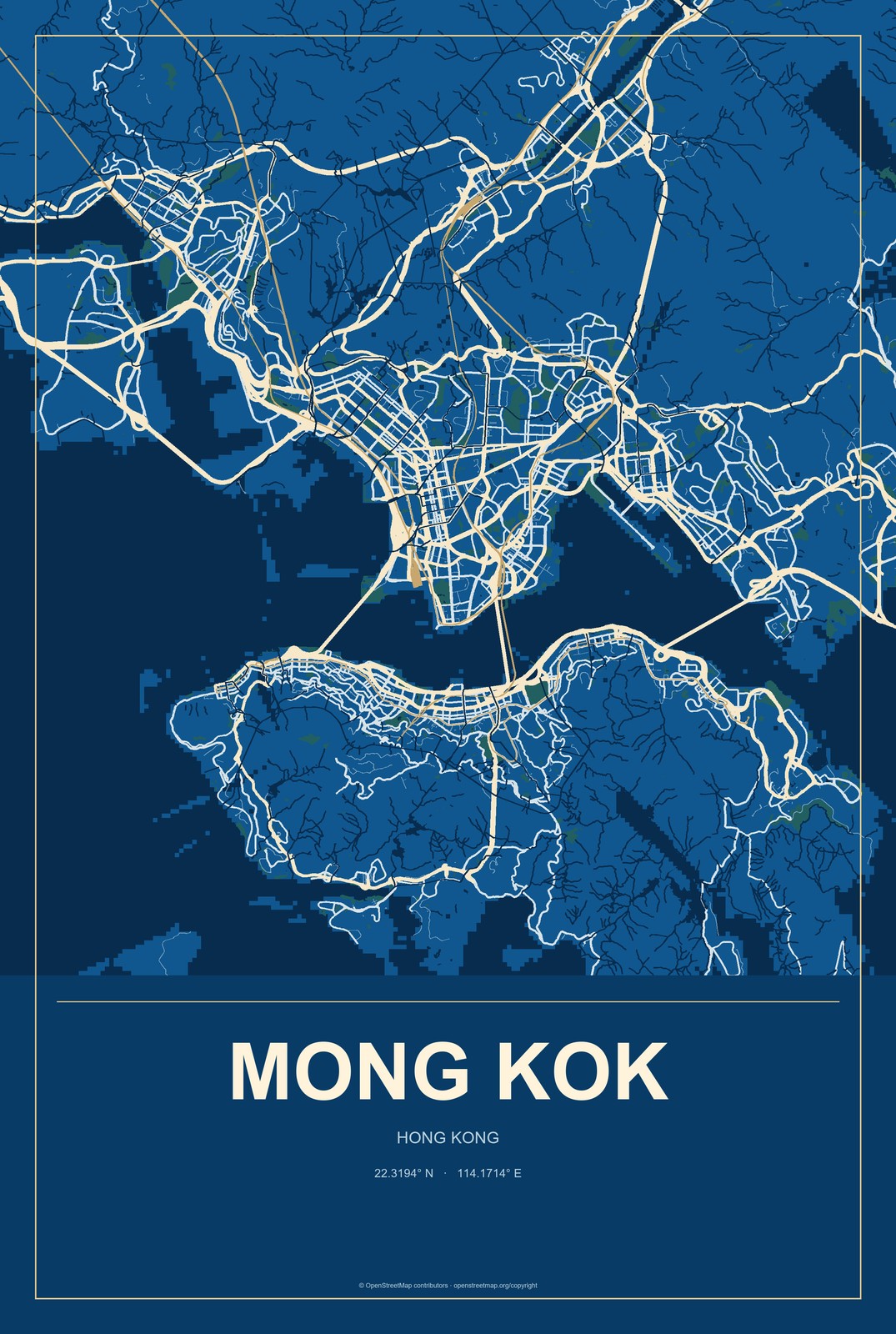 Mong Kok, Hong Kong City Map Aluminum Sign in Harbor Cobalt style