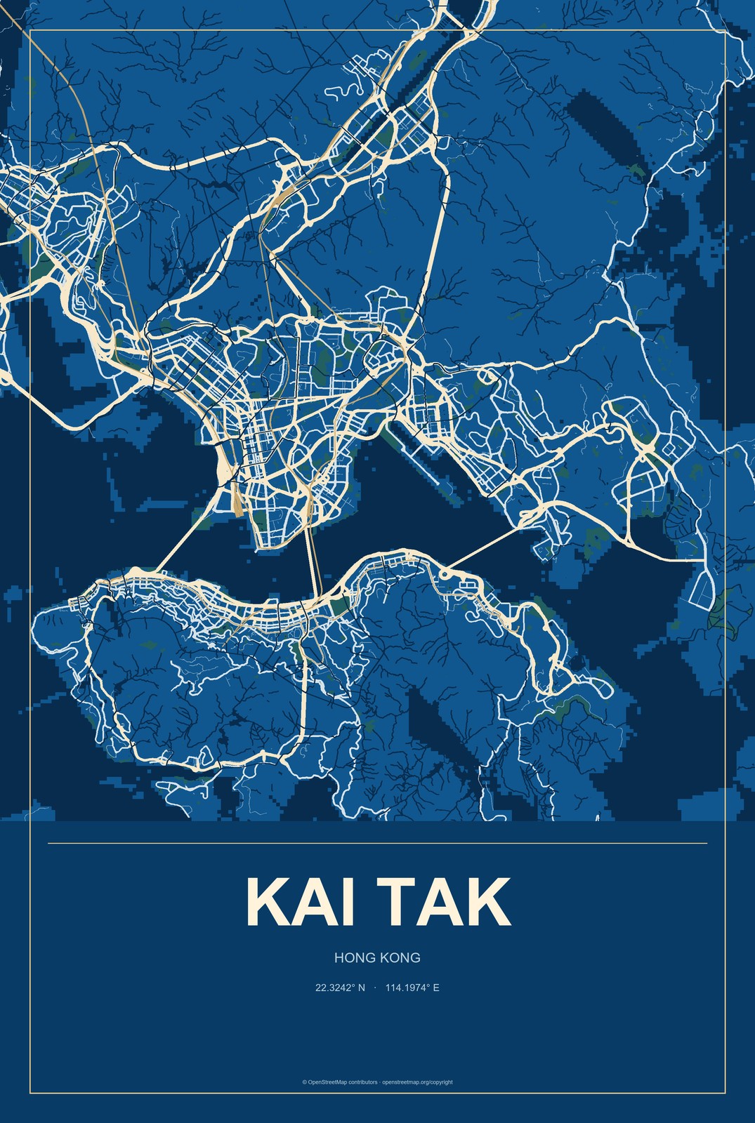 Kai Tak, Hong Kong City Map Aluminum Sign in Harbor Cobalt style