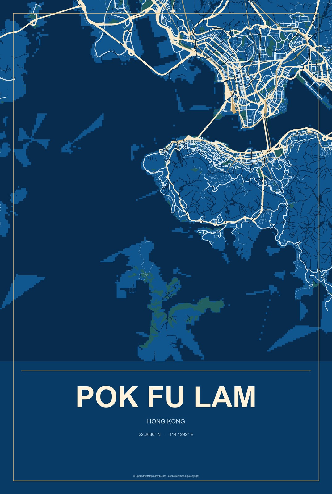 Pok Fu Lam, Hong Kong City Map Aluminum Sign in Harbor Cobalt style