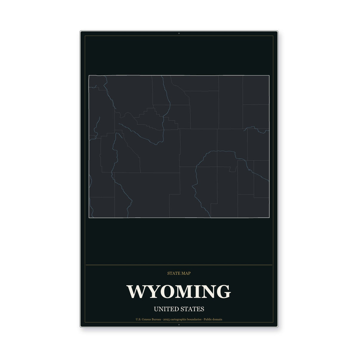 Wyoming state map aluminum sign in Metropolitan Noir style