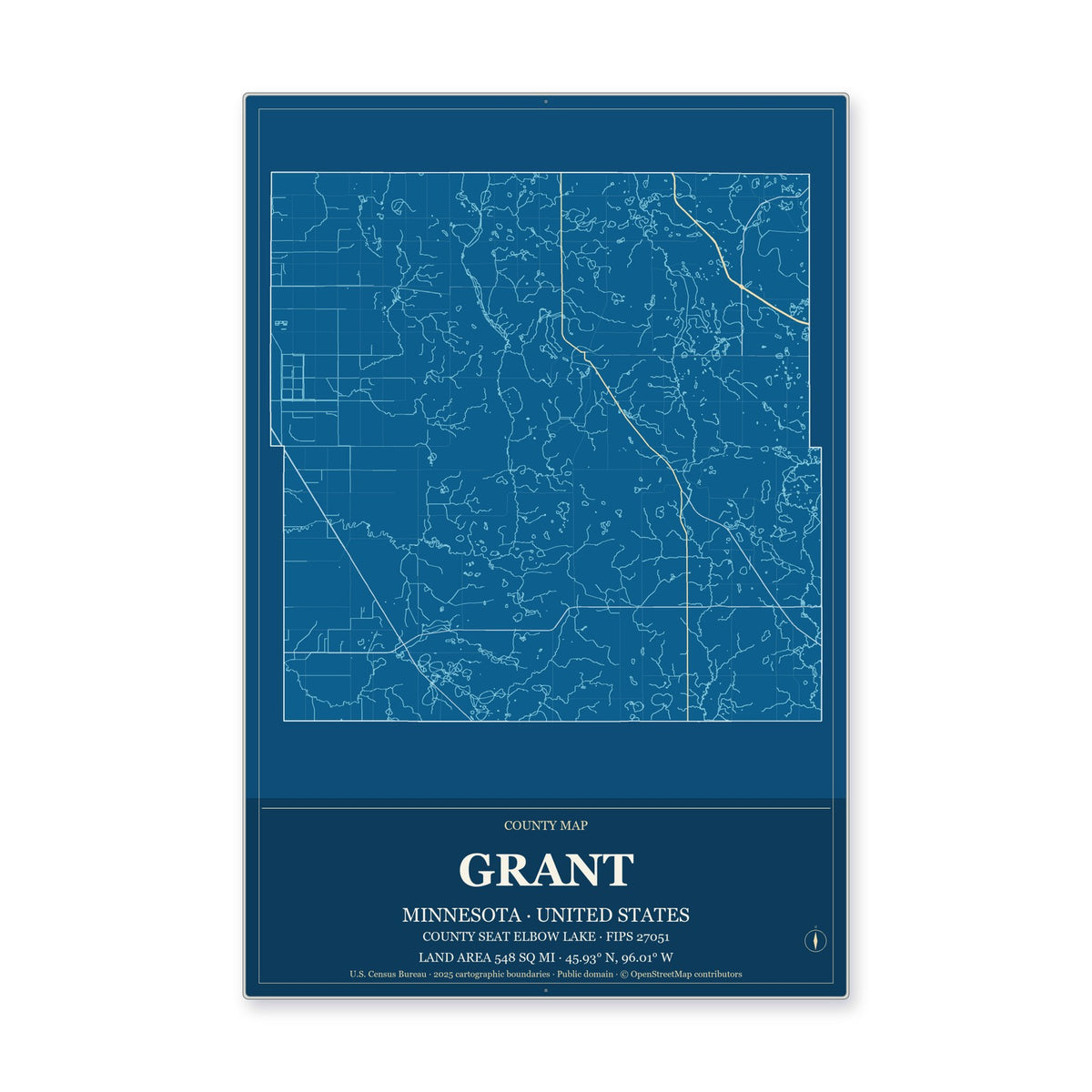 Grant County, Minnesota Map Aluminum Sign in Harbor Cobalt style