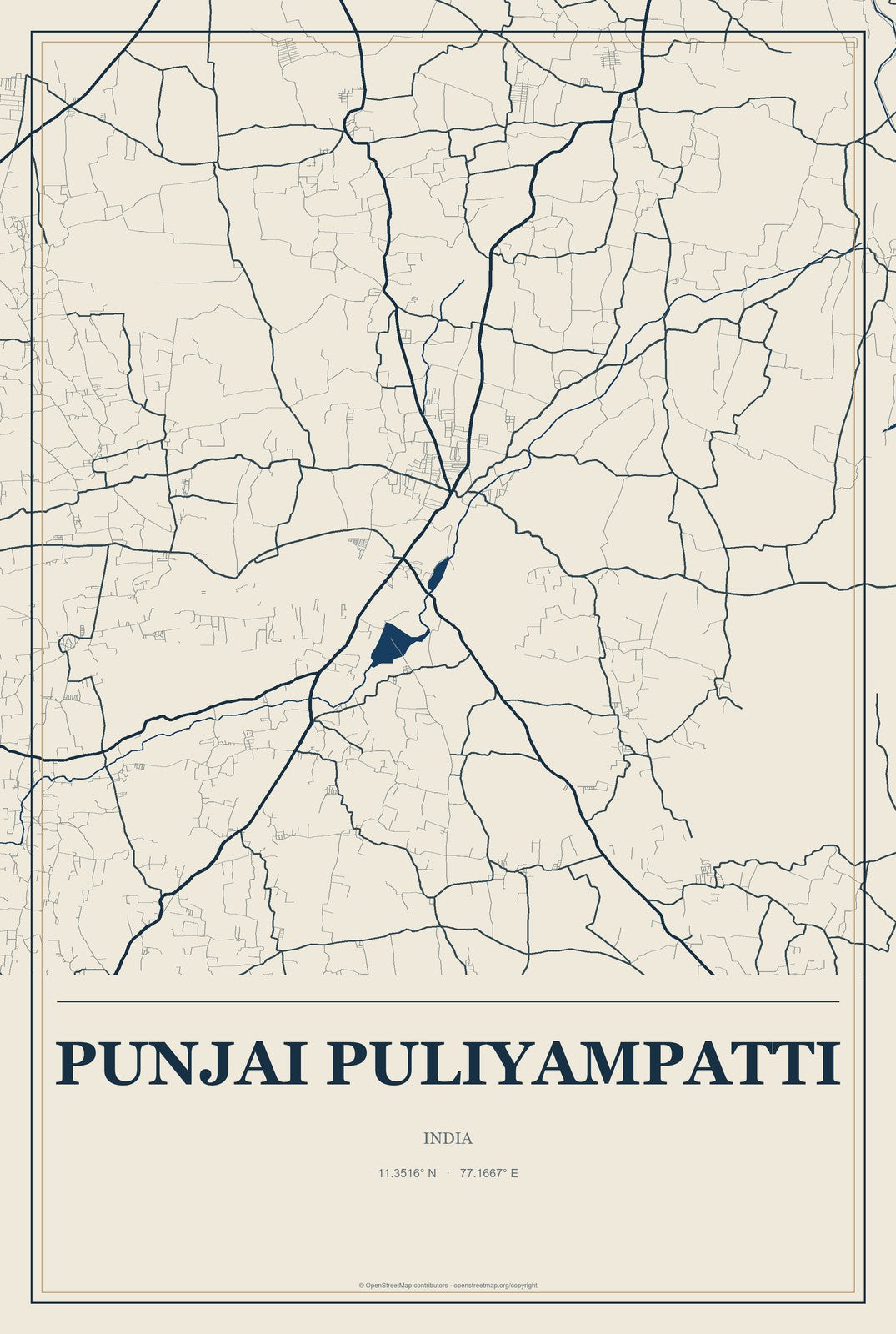 Punjai Puliyampatti, India City Map Aluminum Sign in Coastal Cutout style
