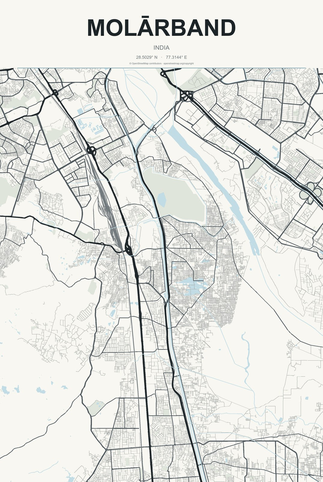 Molārband, India City Map Aluminum Sign in Headline Atlas style