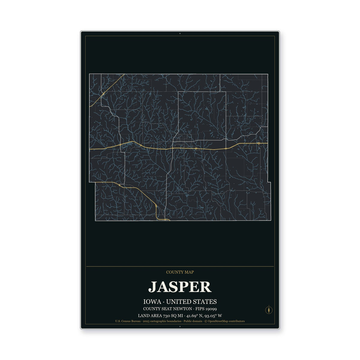 Jasper County, Iowa Map Aluminum Sign in Metropolitan Noir style