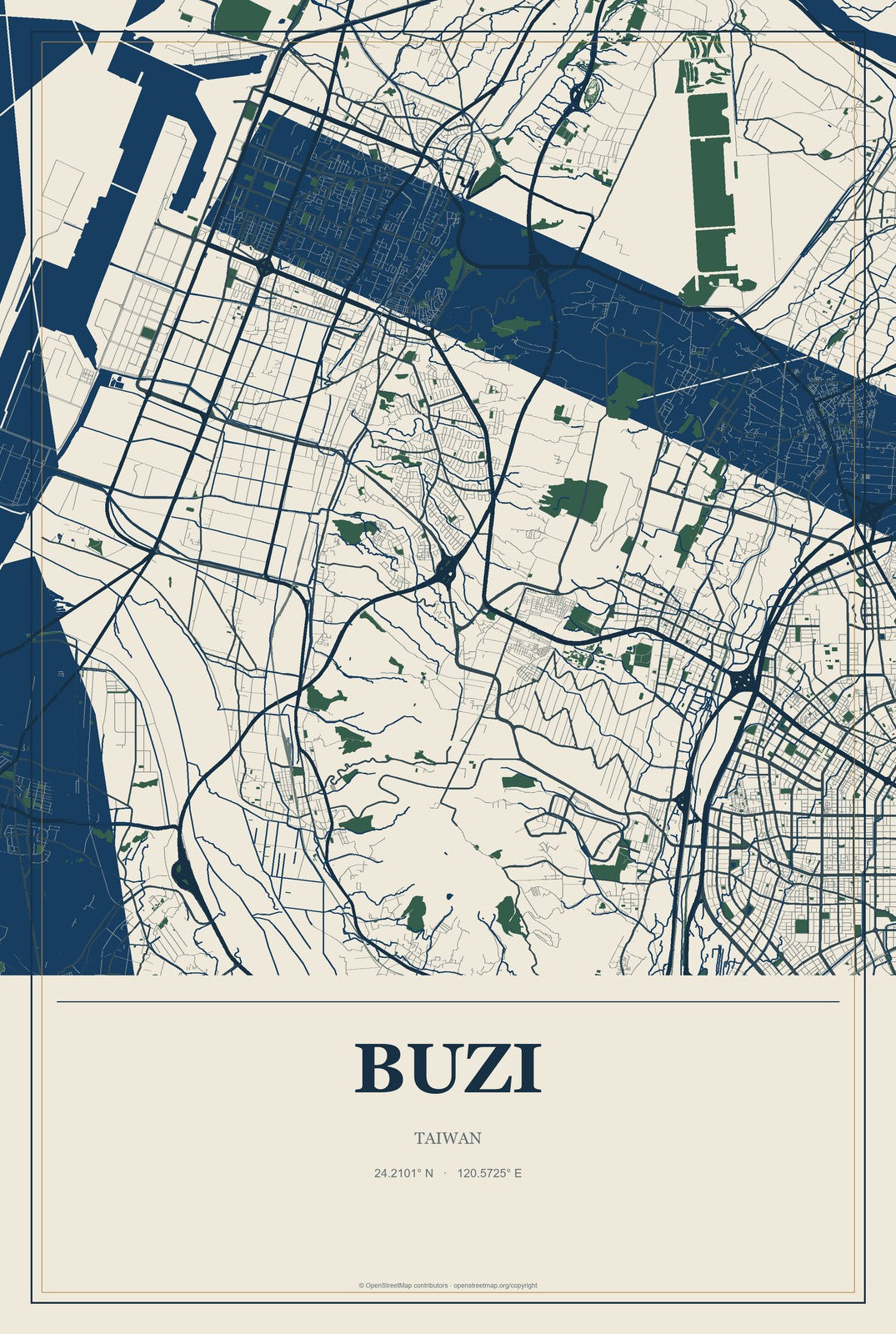 Buzi, Taiwan City Map Aluminum Sign in Coastal Cutout style