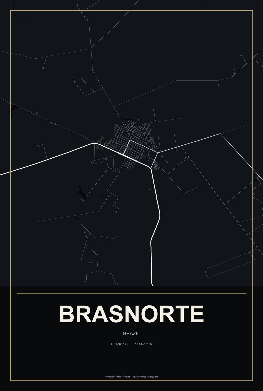 Brasnorte, Brazil City Map Aluminum Sign in Metropolitan Noir style