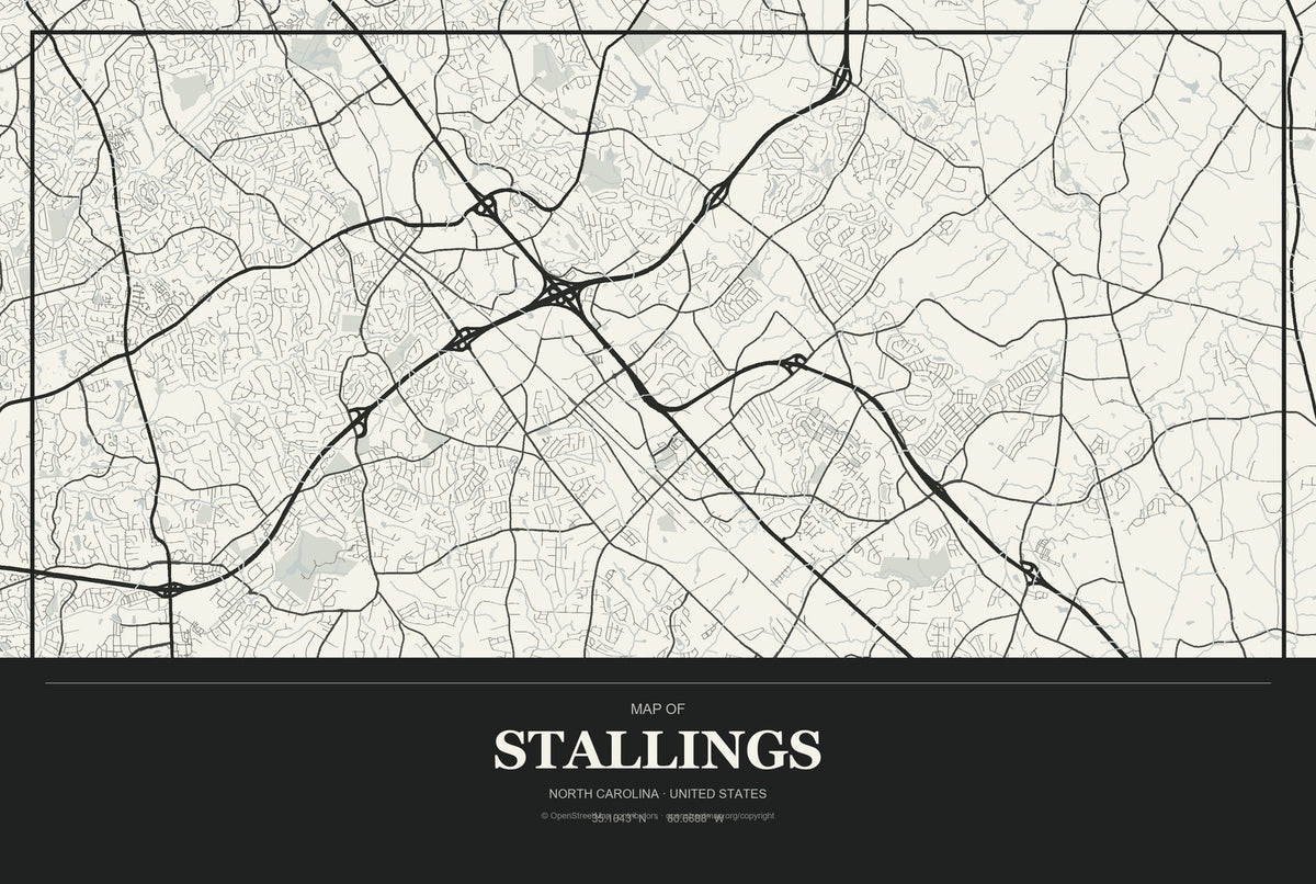 Stallings, North Carolina City Map Aluminum Sign in Museum Plaque style