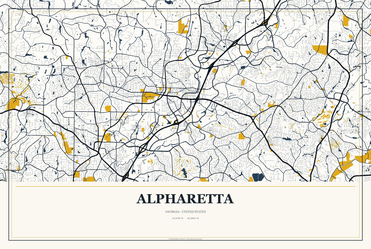 Alpharetta, Georgia City Map Aluminum Sign in Citrine Modern style