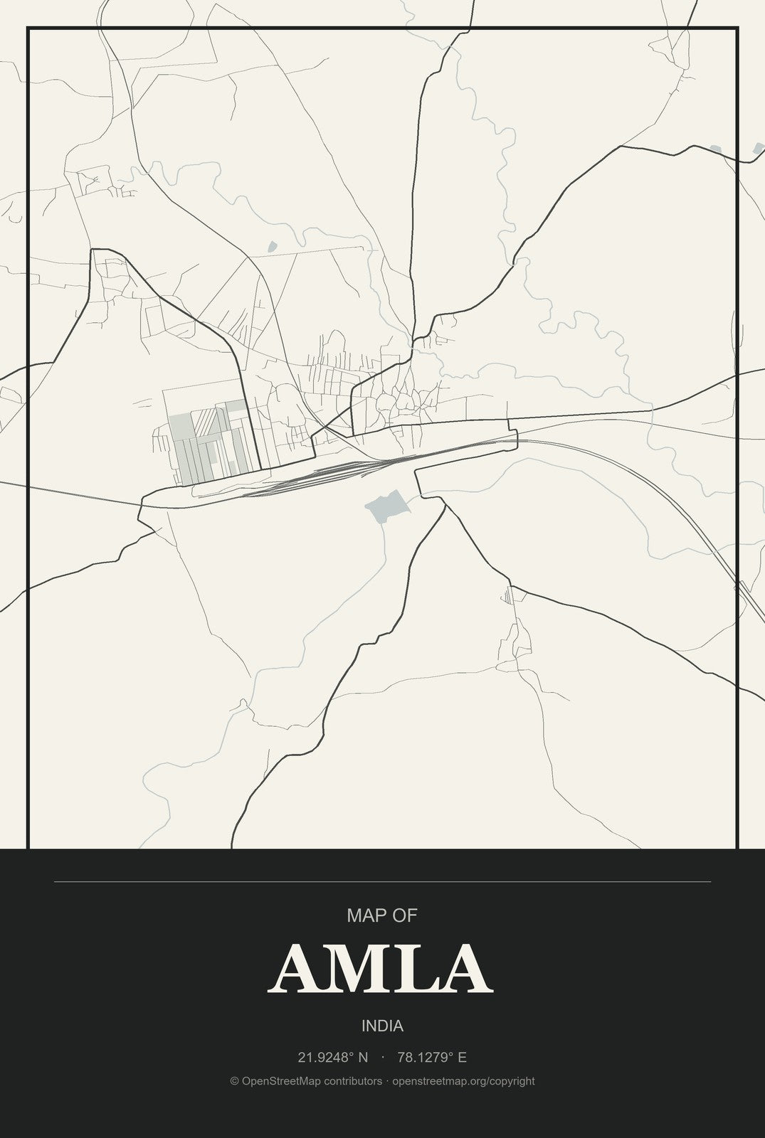 Amla, India City Map Aluminum Sign in Museum Plaque style