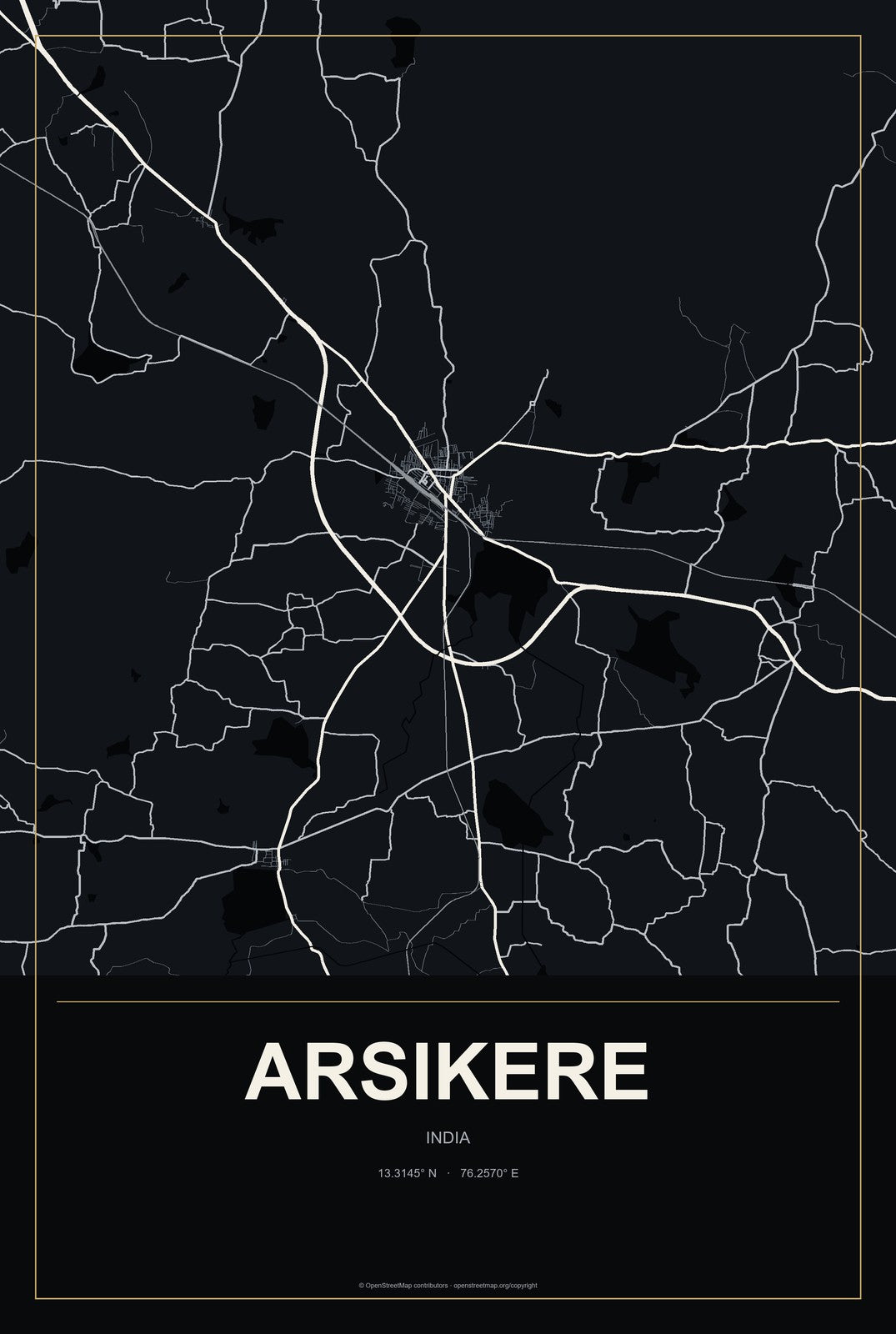 Arsikere, India City Map Aluminum Sign in Metropolitan Noir style
