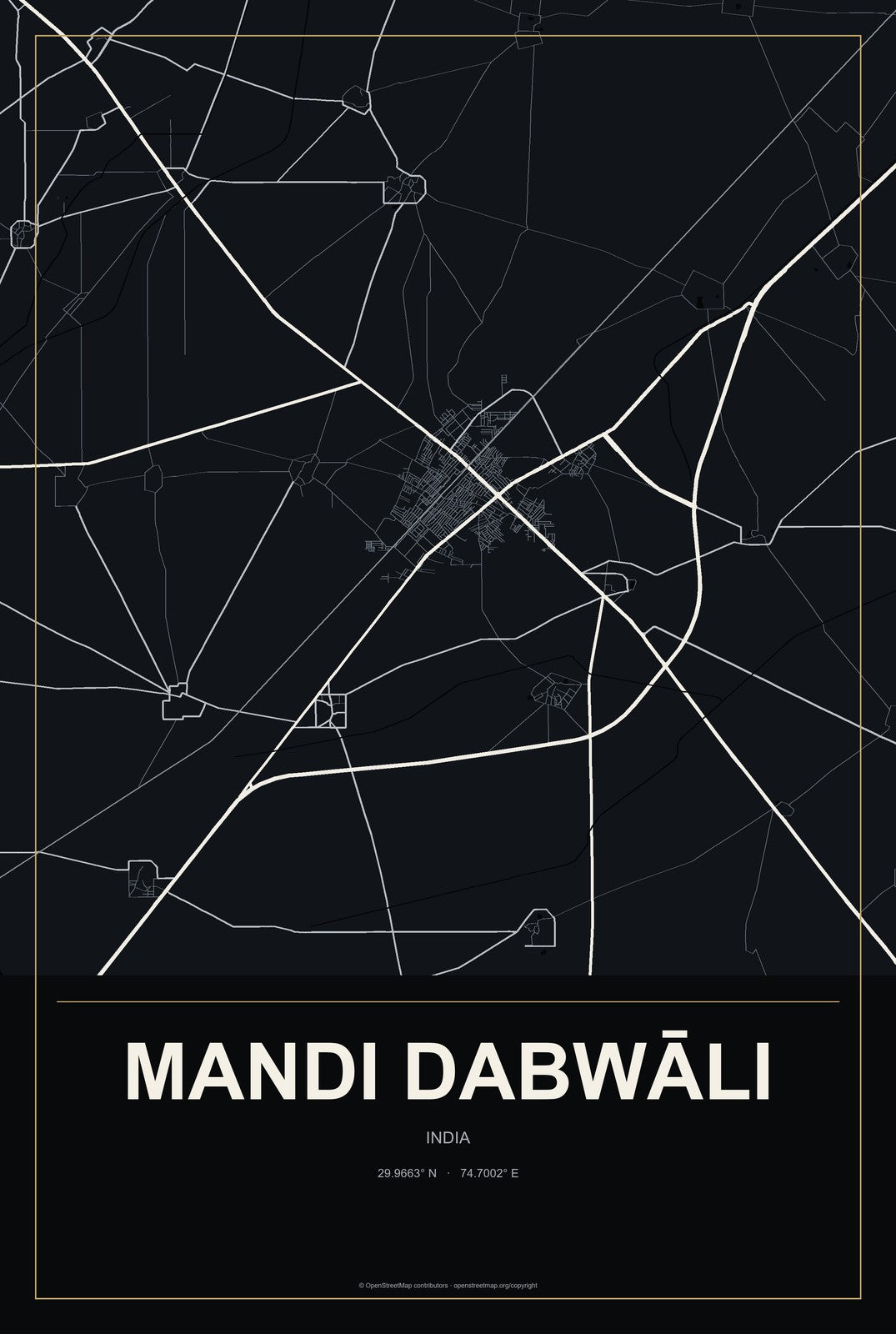 Mandi Dabwāli, India City Map Aluminum Sign in Metropolitan Noir style
