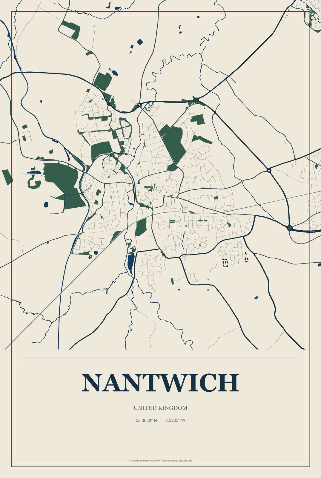 Nantwich, United Kingdom City Map Aluminum Sign in Coastal Cutout style