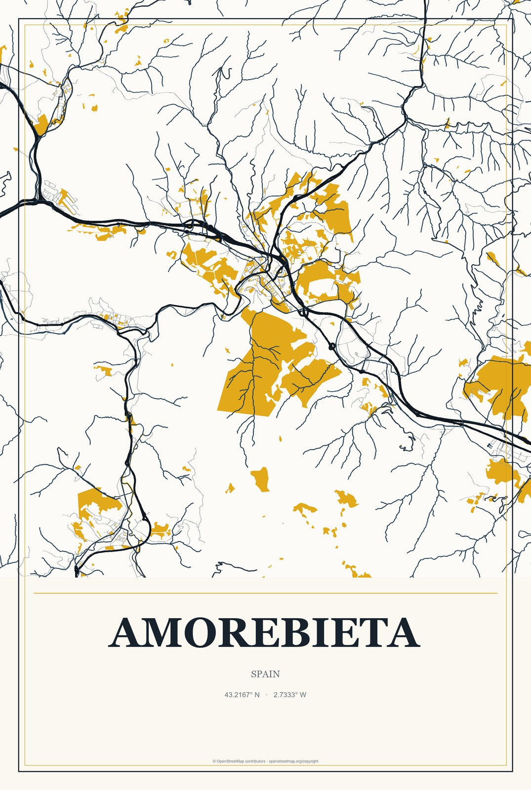 Amorebieta, Spain City Map Aluminum Sign in Citrine Modern style
