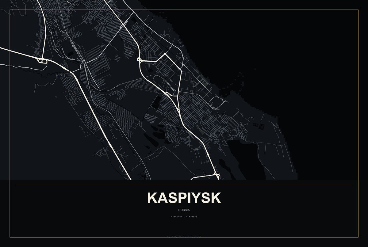 Kaspiysk, Russia City Map Aluminum Sign in Metropolitan Noir style