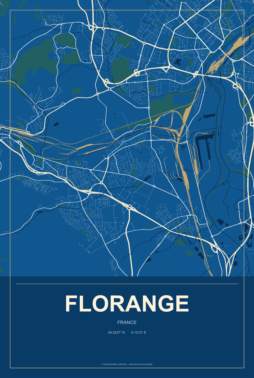 Florange, France City Map Aluminum Sign in Harbor Cobalt style