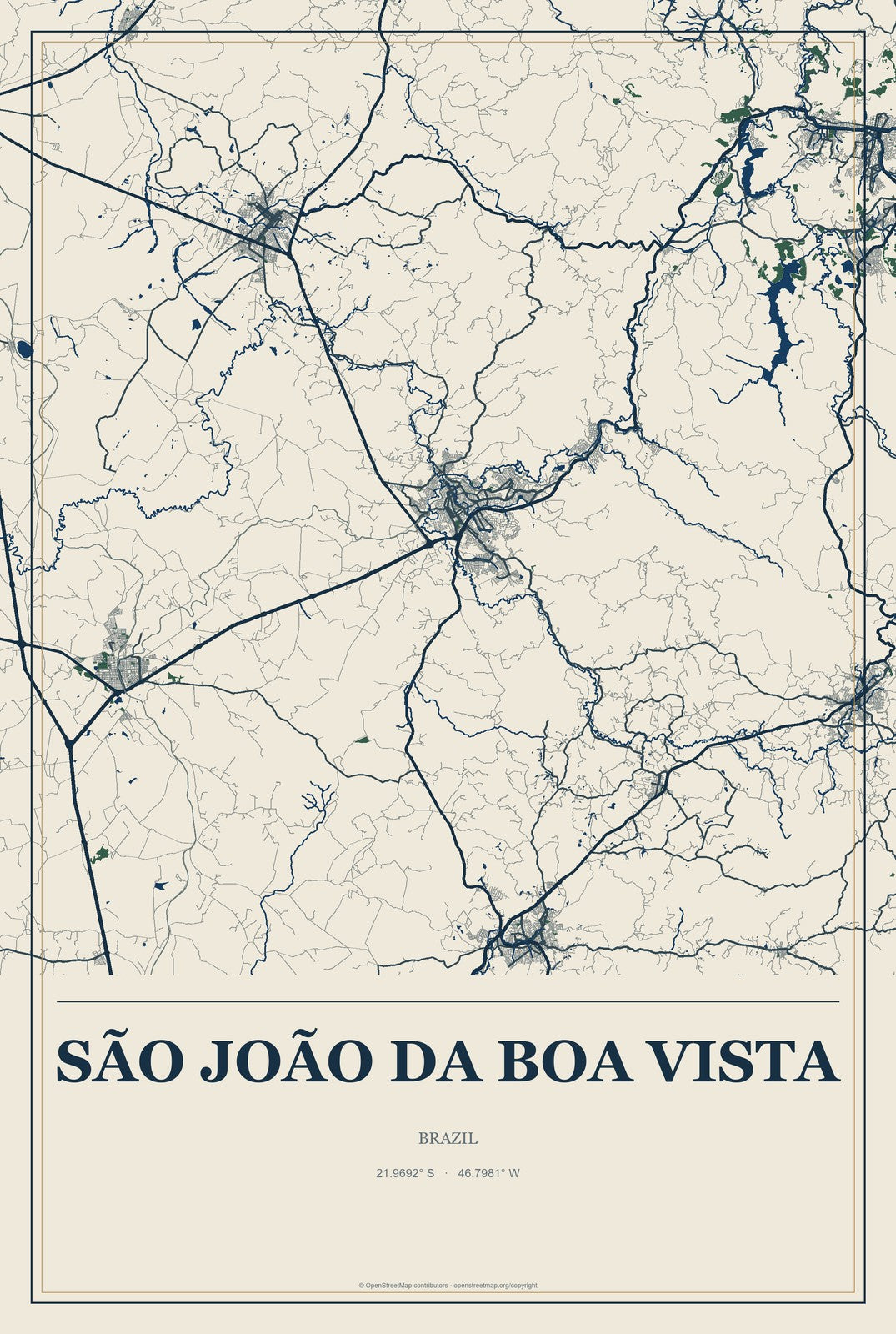 São João da Boa Vista, Brazil City Map Aluminum Sign in Coastal Cutout style