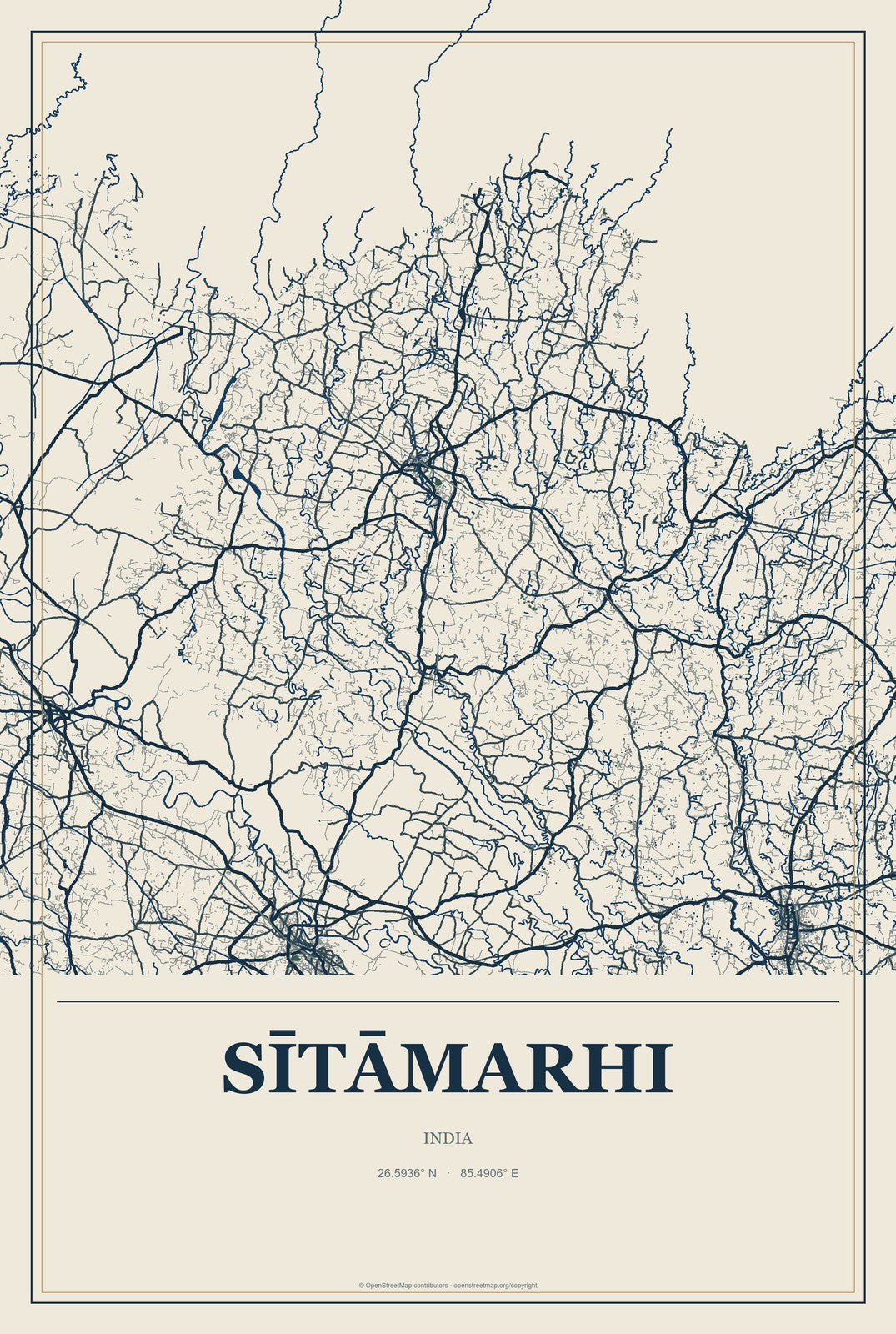 Sītāmarhi, India City Map Aluminum Sign in Coastal Cutout style