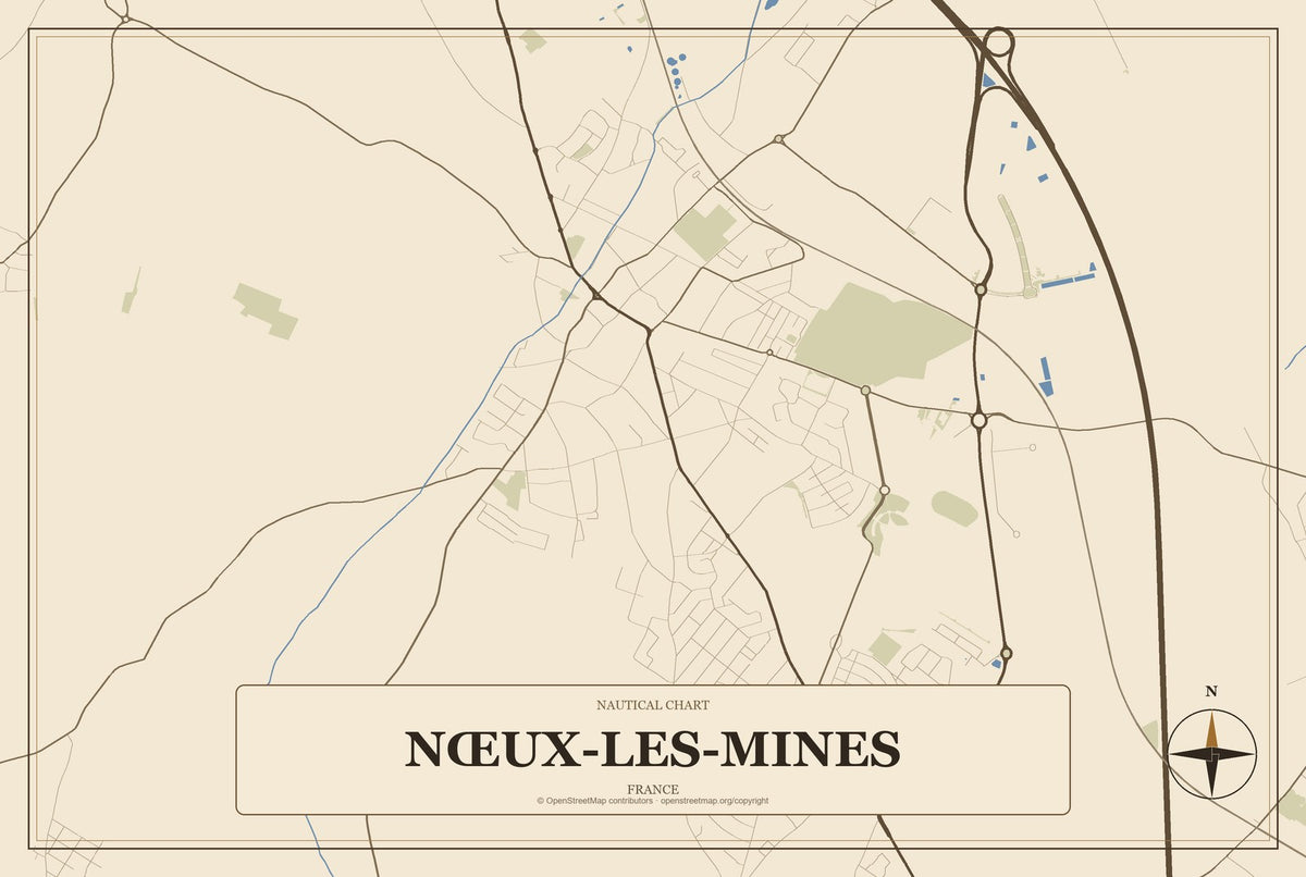 Nœux-les-Mines, France City Map Aluminum Sign in Heritage Nautical style