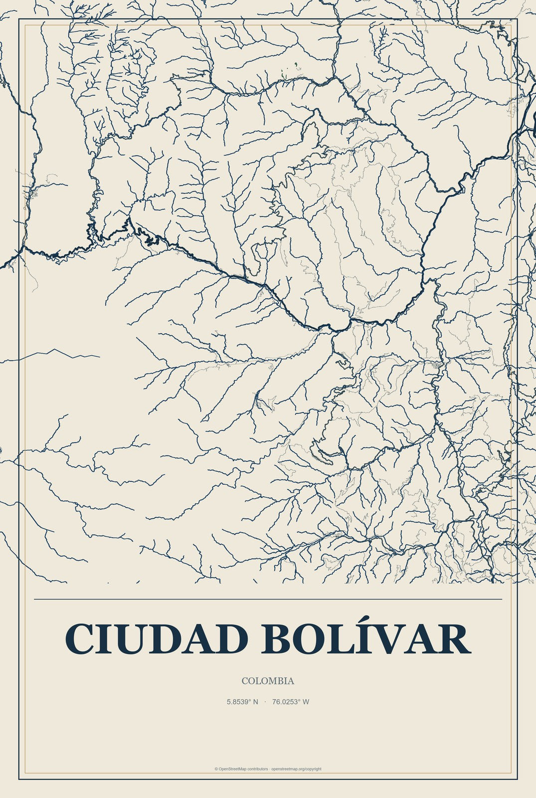 Ciudad Bolívar, Colombia City Map Aluminum Sign in Coastal Cutout style