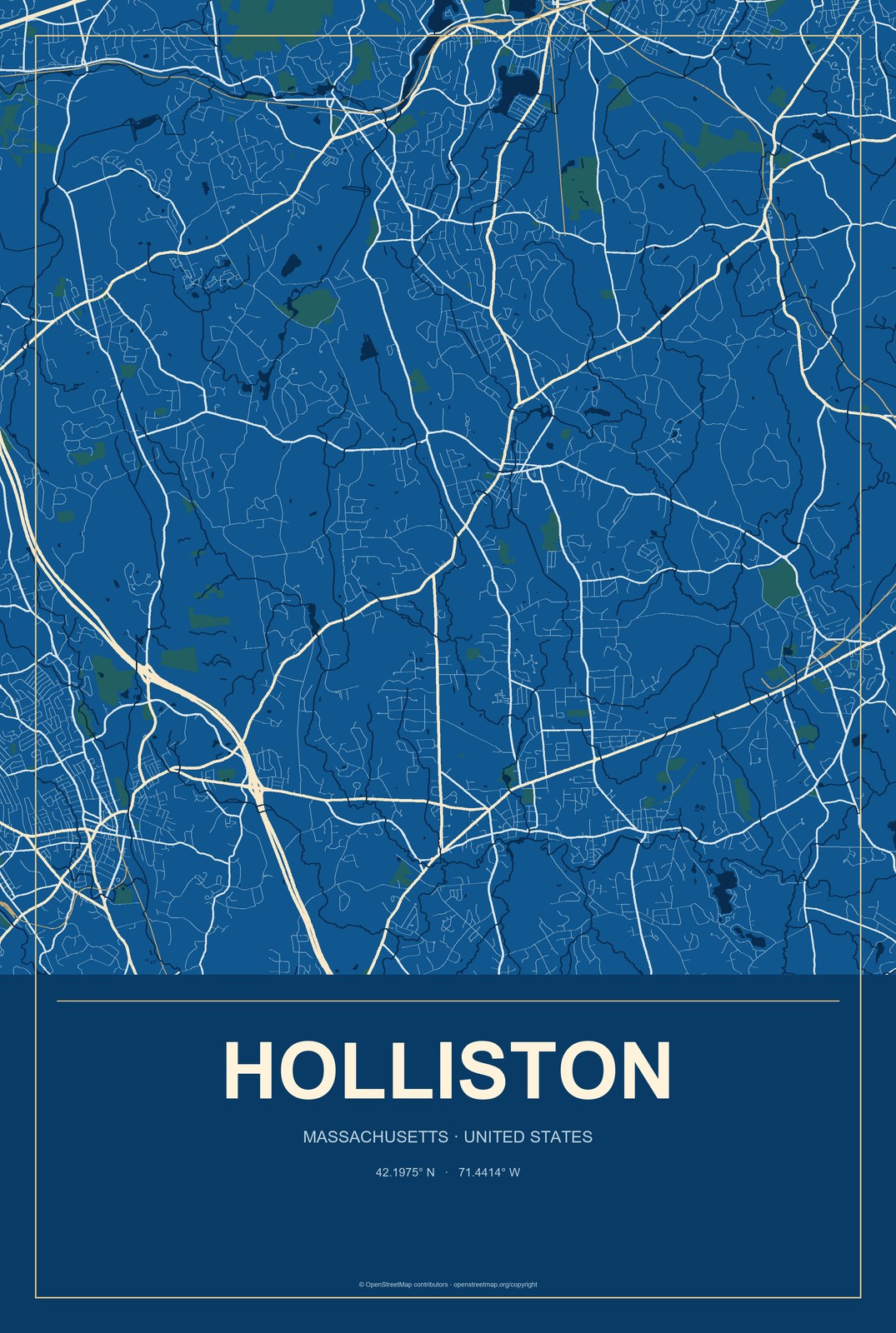 Holliston, Massachusetts City Map Aluminum Sign in Harbor Cobalt style
