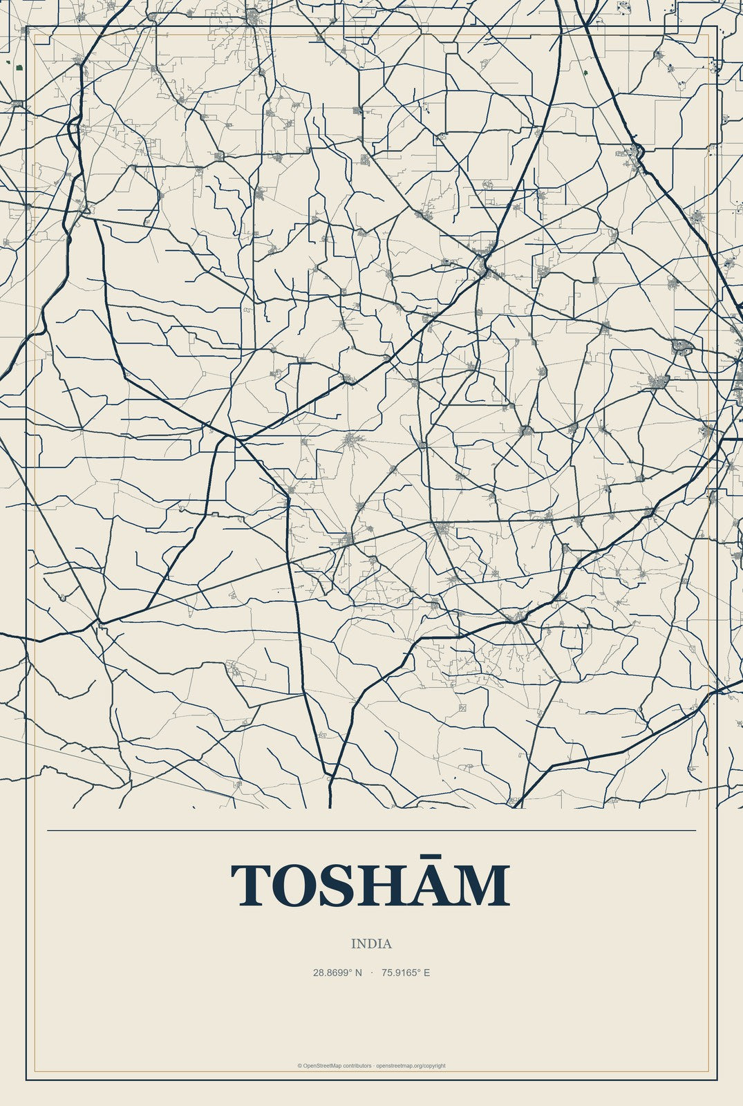 Toshām, India City Map Aluminum Sign in Coastal Cutout style