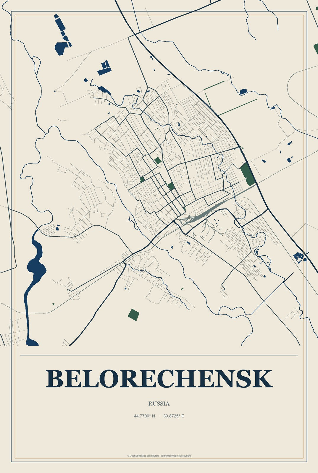 Belorechensk, Russia City Map Aluminum Sign in Coastal Cutout style