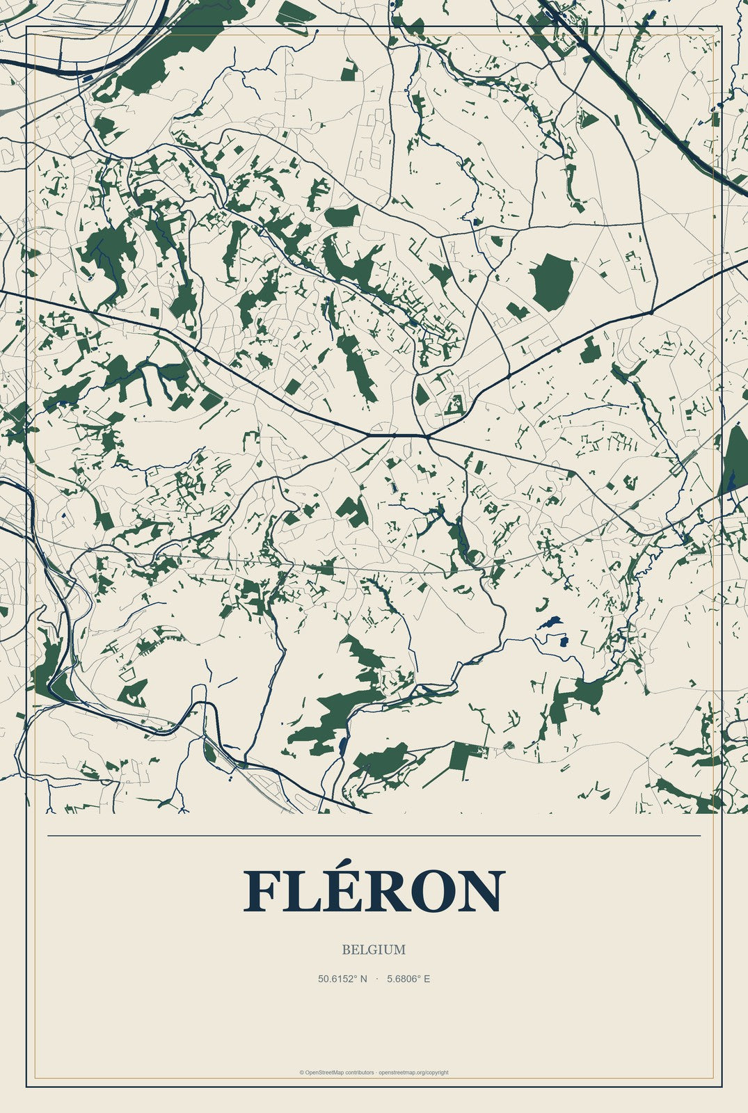 Fléron, Belgium City Map Aluminum Sign in Coastal Cutout style