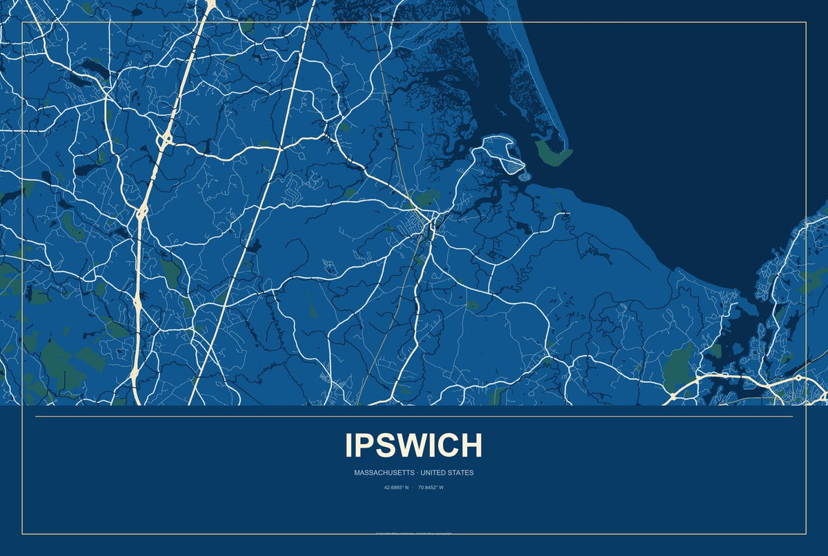 Ipswich, Massachusetts City Map Aluminum Sign in Harbor Cobalt style