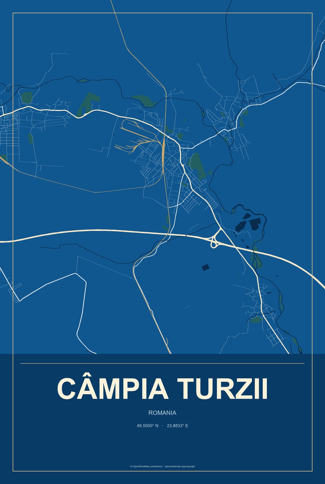 Câmpia Turzii, Romania City Map Aluminum Sign in Harbor Cobalt style