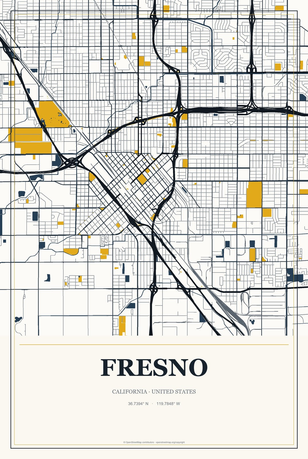 Fresno, California City Map Aluminum Sign in Citrine Modern style