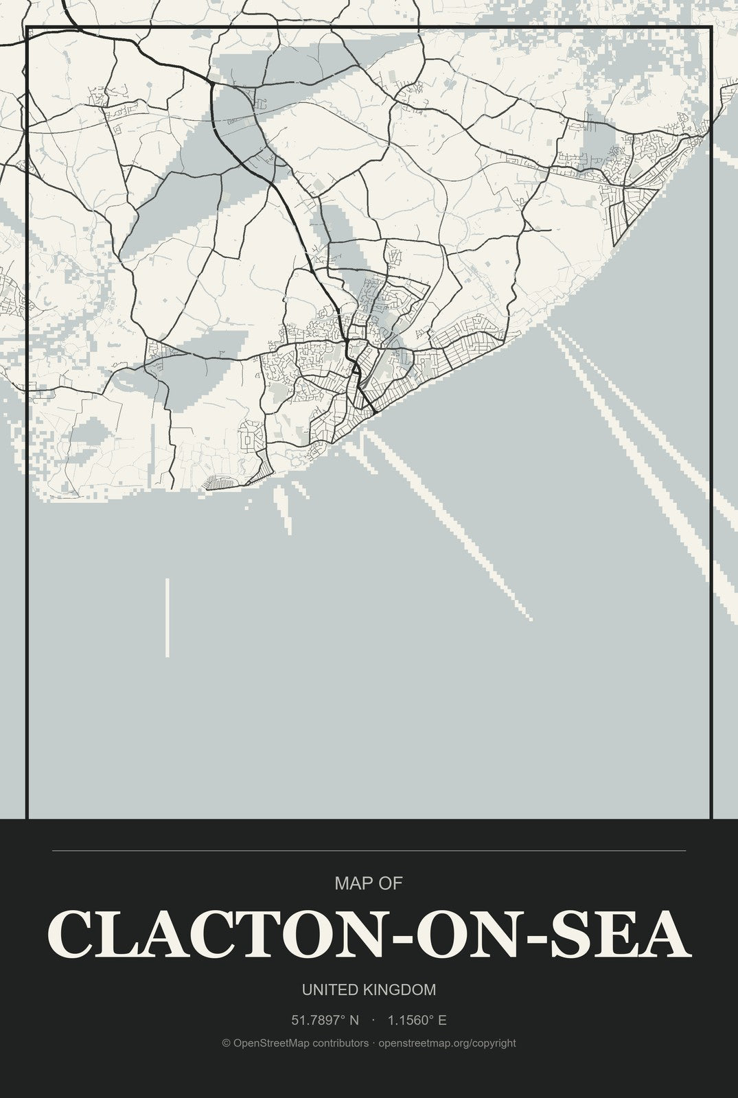Clacton-on-Sea, United Kingdom City Map Aluminum Sign in Museum Plaque style