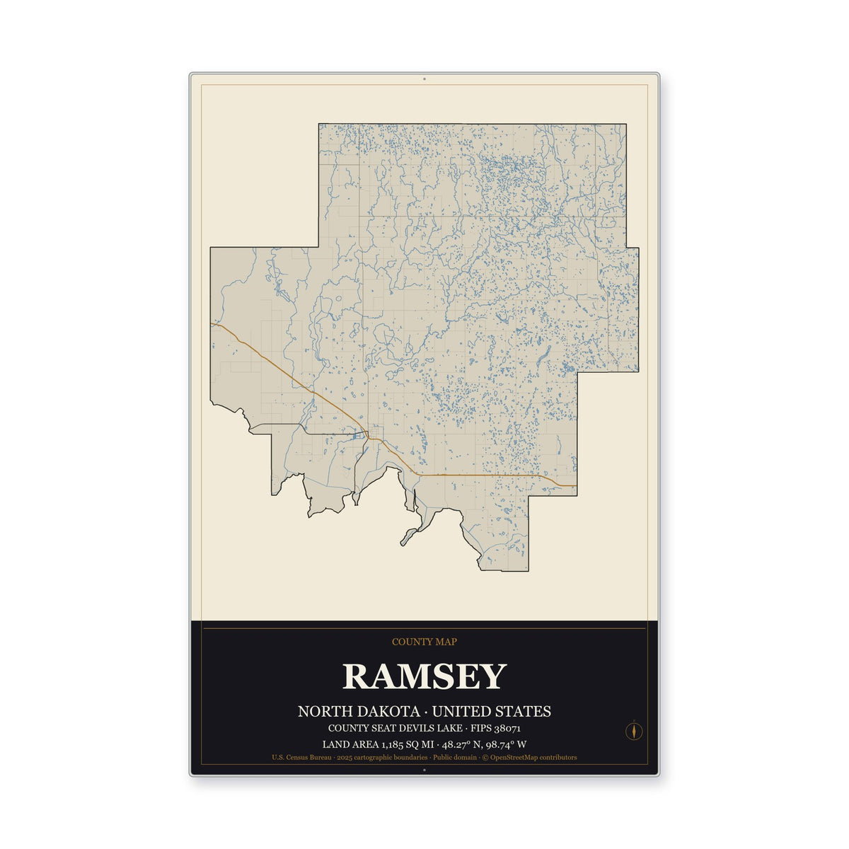 Ramsey County, North Dakota Map Aluminum Sign in Museum Plaque style
