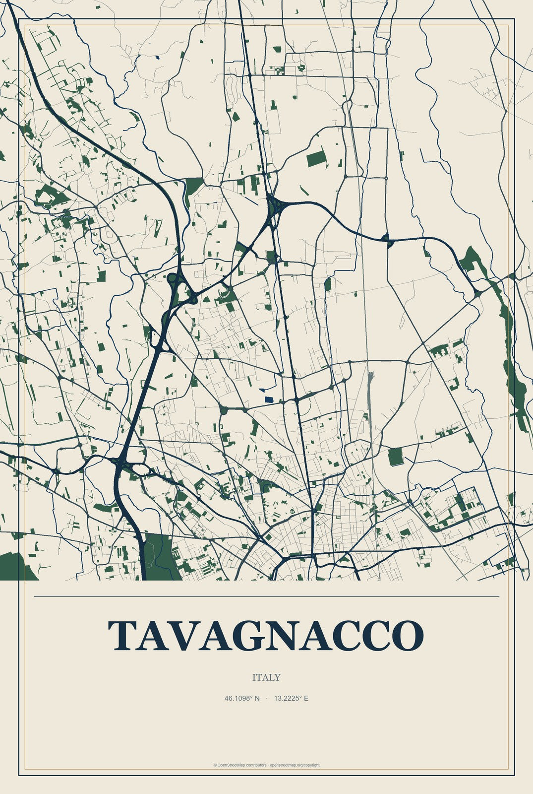 Tavagnacco, Italy City Map Aluminum Sign in Coastal Cutout style