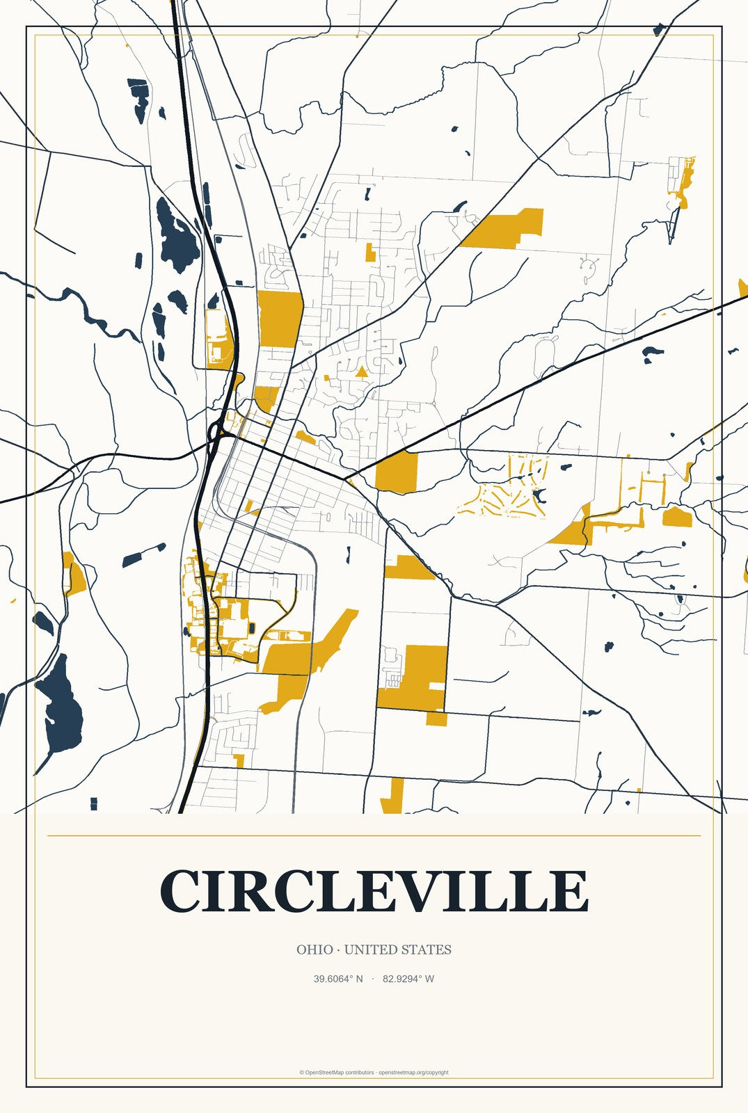 Circleville, Ohio City Map Aluminum Sign in Citrine Modern style