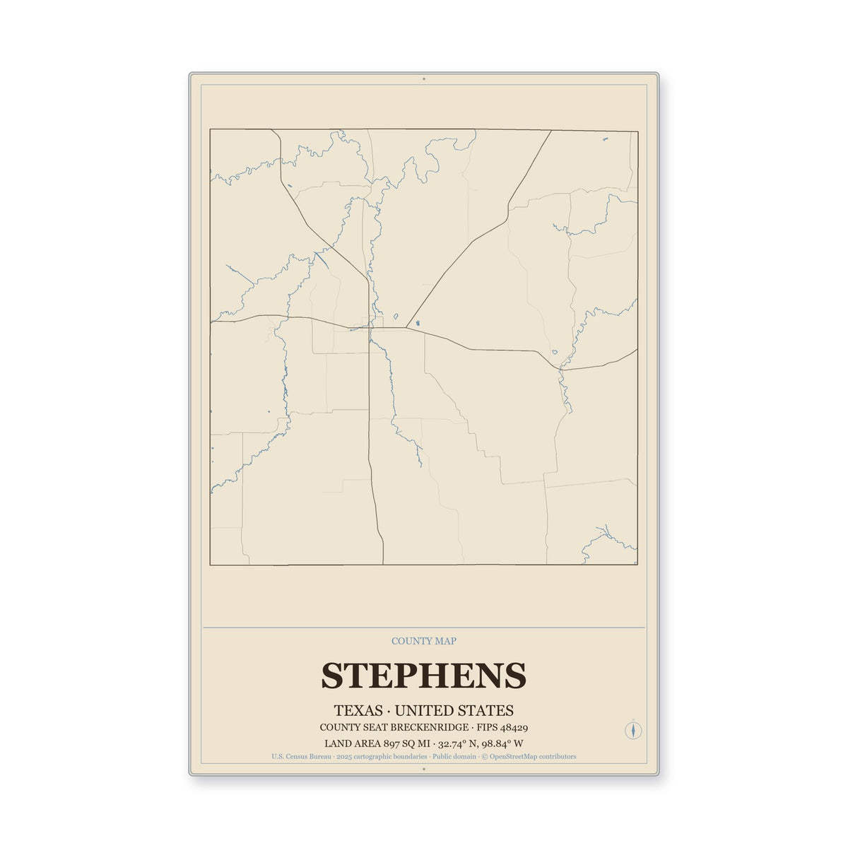 Stephens County, Texas Map Aluminum Sign in Heritage Nautical style