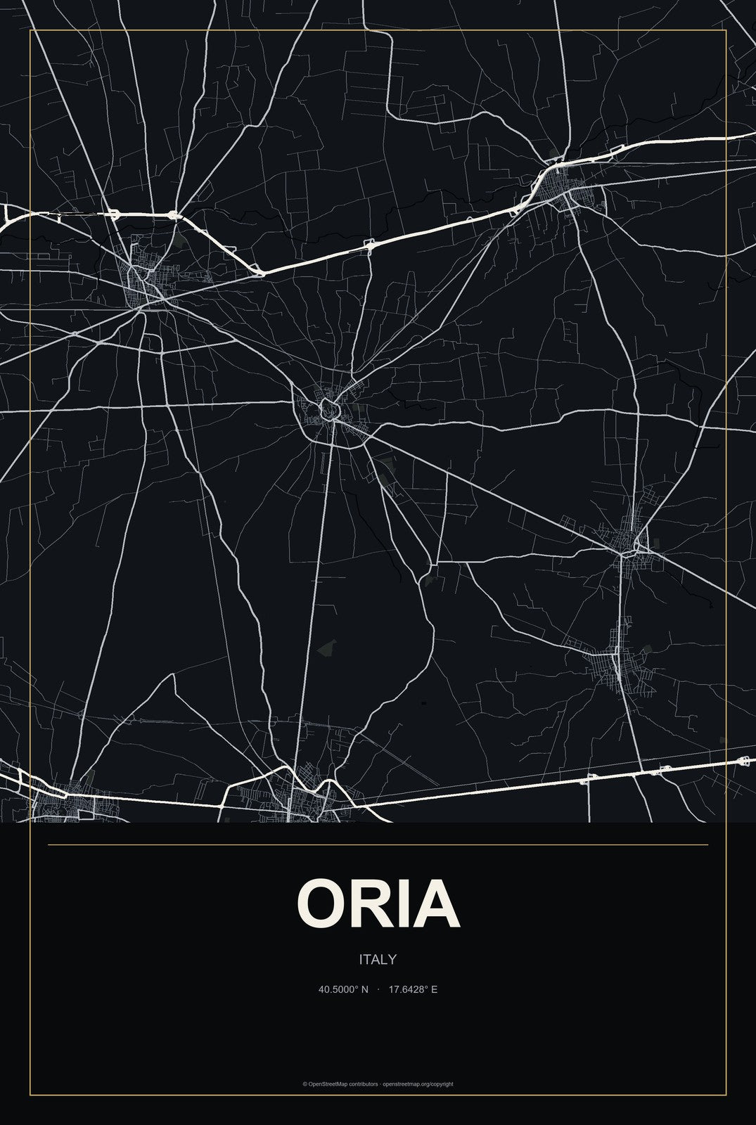 Oria, Italy City Map Aluminum Sign in Metropolitan Noir style