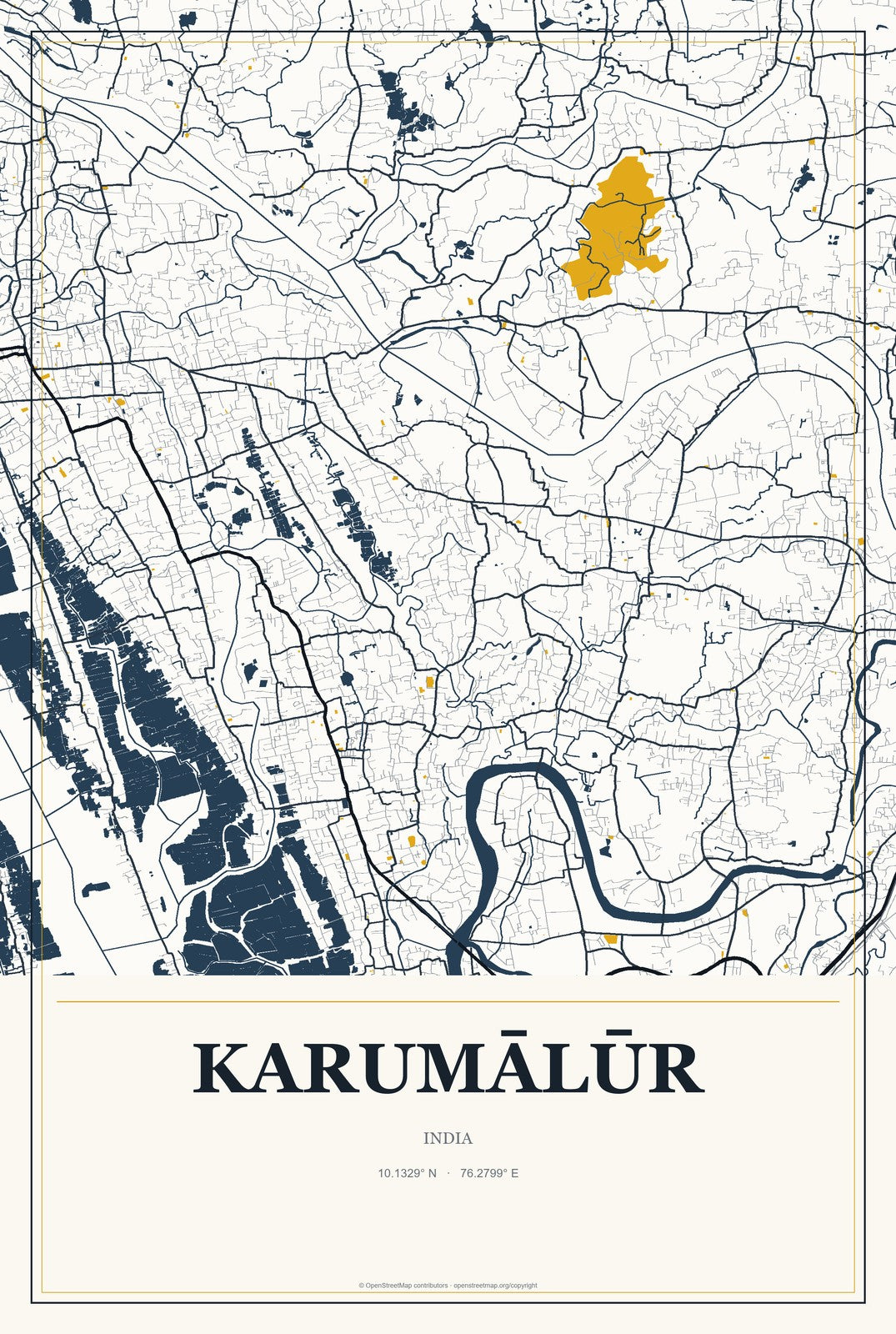 Karumālūr, India City Map Aluminum Sign in Citrine Modern style