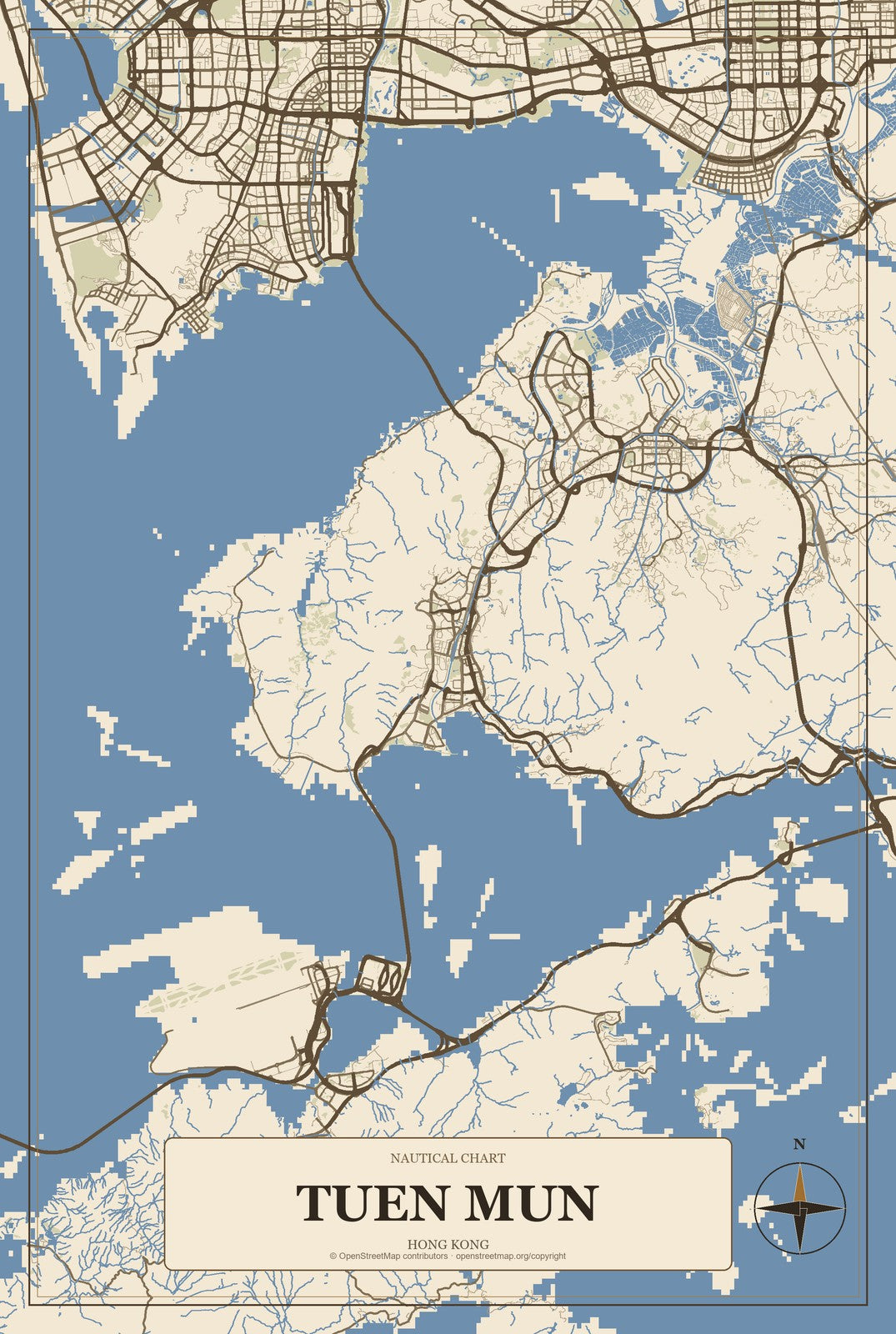 Tuen Mun, Hong Kong City Map Aluminum Sign in Heritage Nautical style