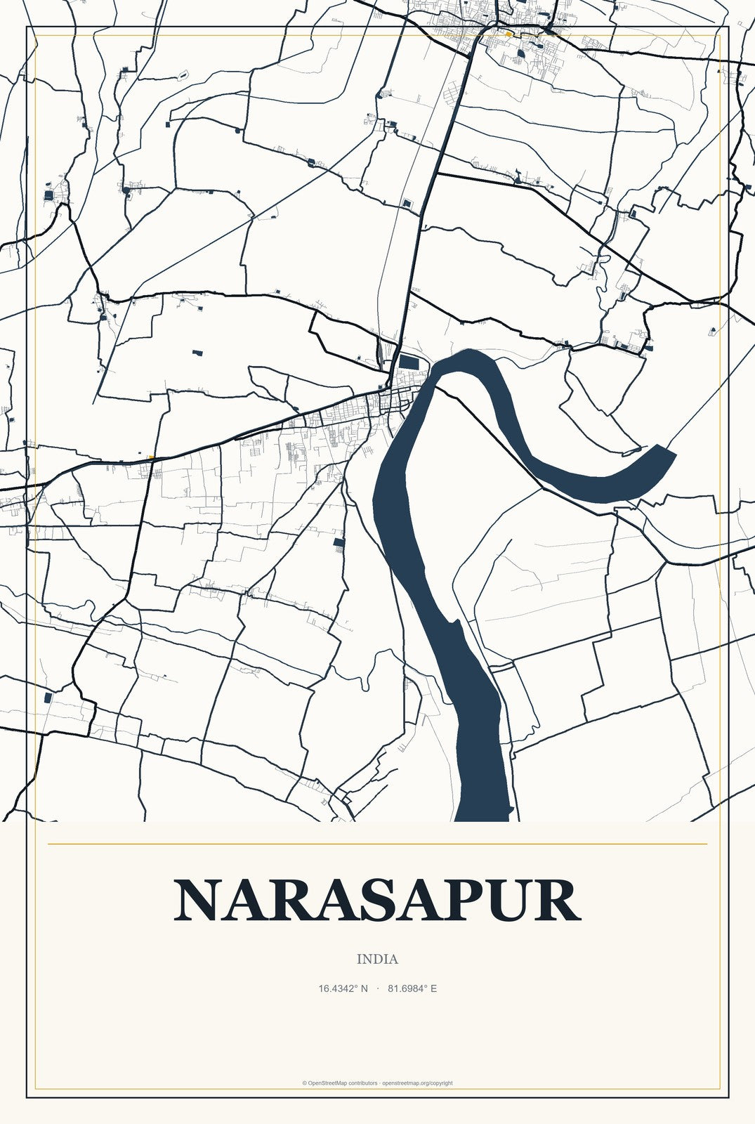 Narasapur, India City Map Aluminum Sign in Citrine Modern style