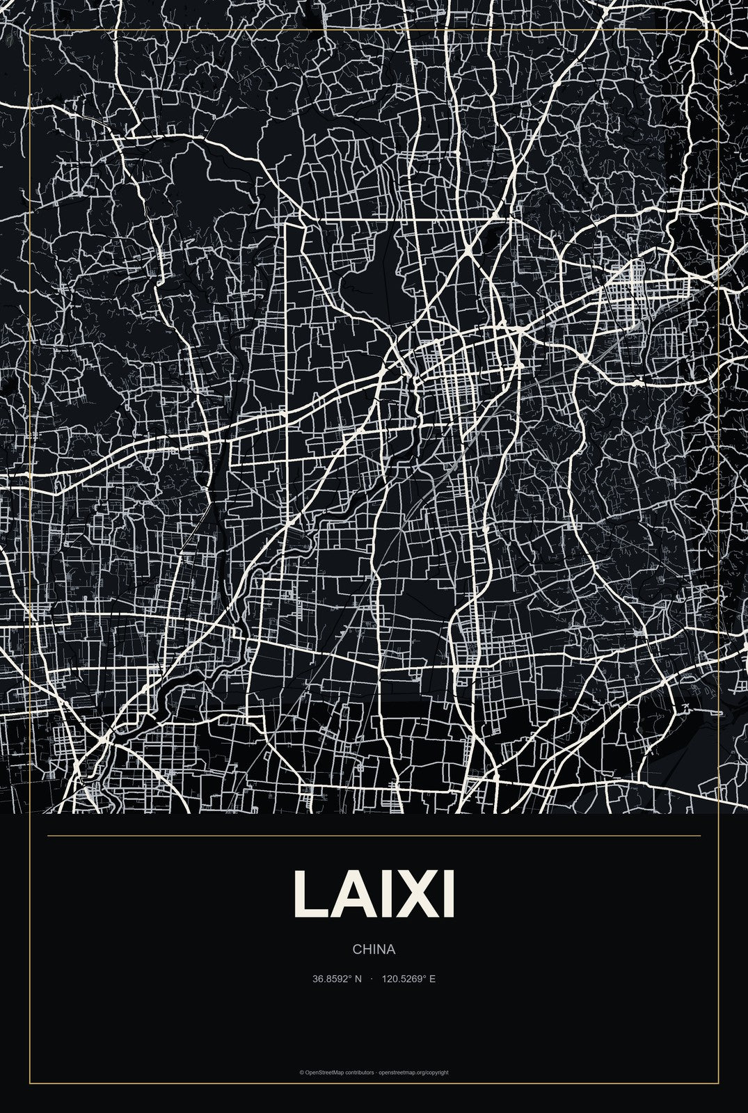 Laixi, China City Map Aluminum Sign in Metropolitan Noir style