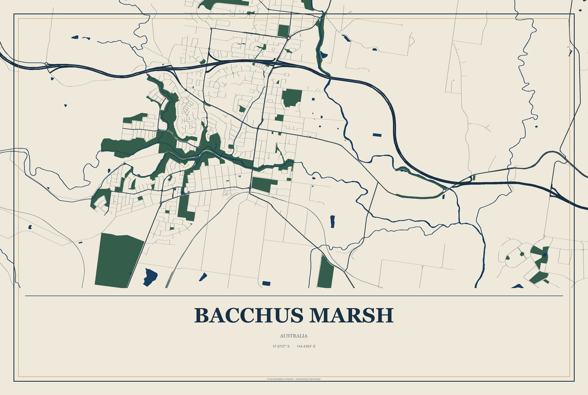 Bacchus Marsh, Australia City Map Aluminum Sign in Coastal Cutout style