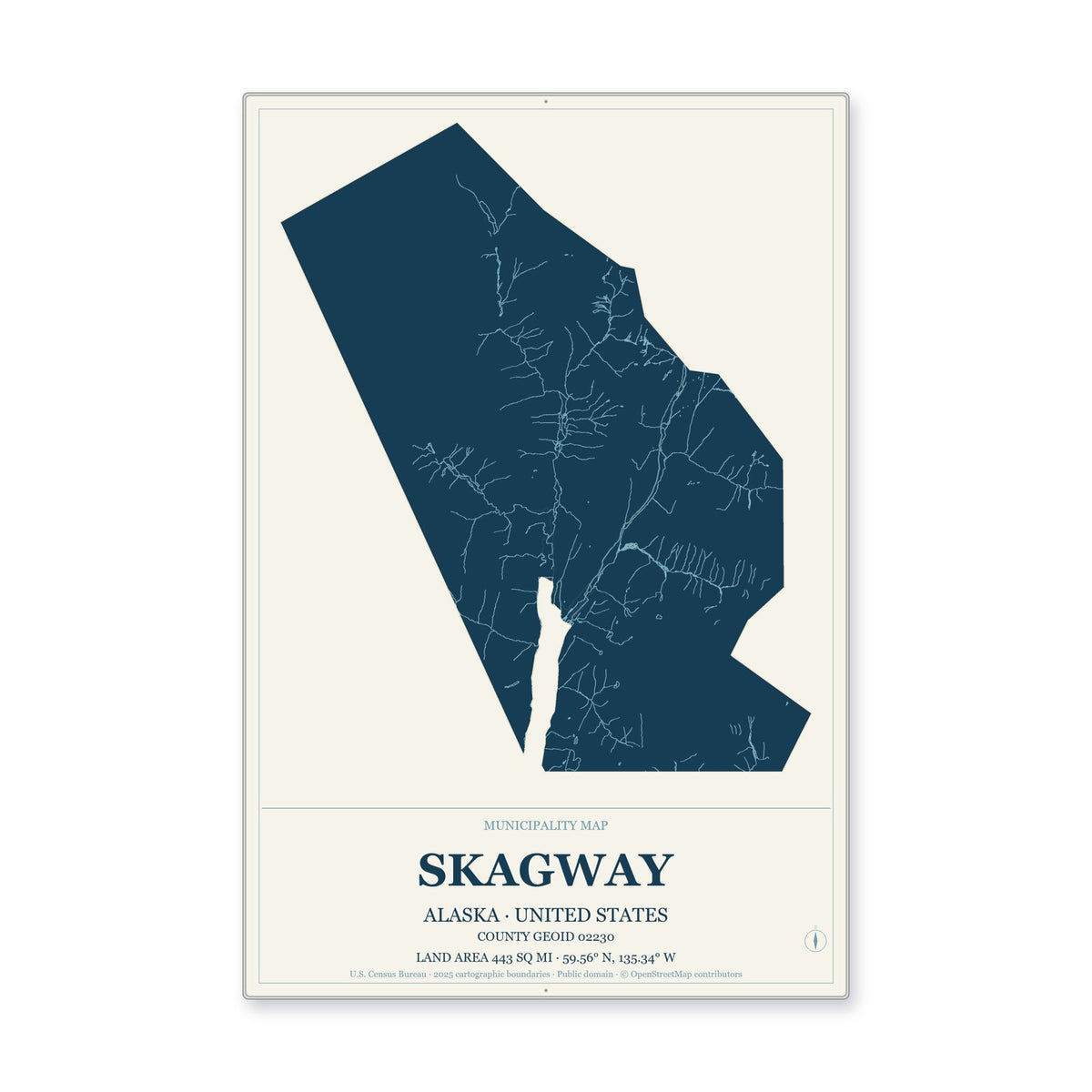 Skagway Municipality, Alaska Map Aluminum Sign in Coastal Cutout style