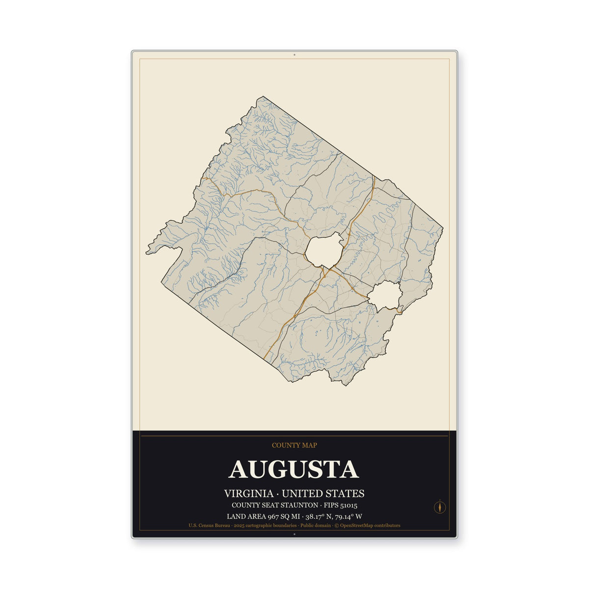 Augusta County, Virginia Map Aluminum Sign in Museum Plaque style