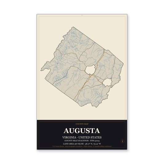 Augusta County, Virginia Map Aluminum Sign in Museum Plaque style