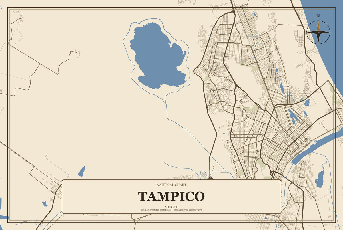 Tampico, Mexico City Map Aluminum Sign in Heritage Nautical style
