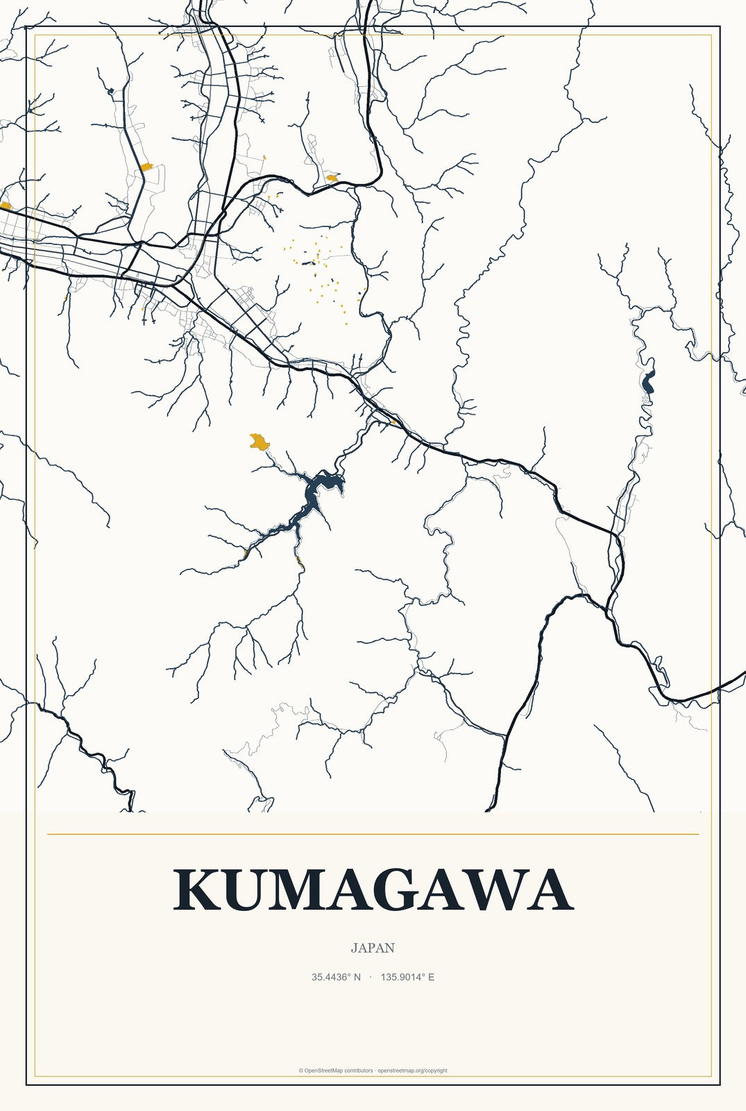 Kumagawa, Japan City Map Aluminum Sign in Citrine Modern style